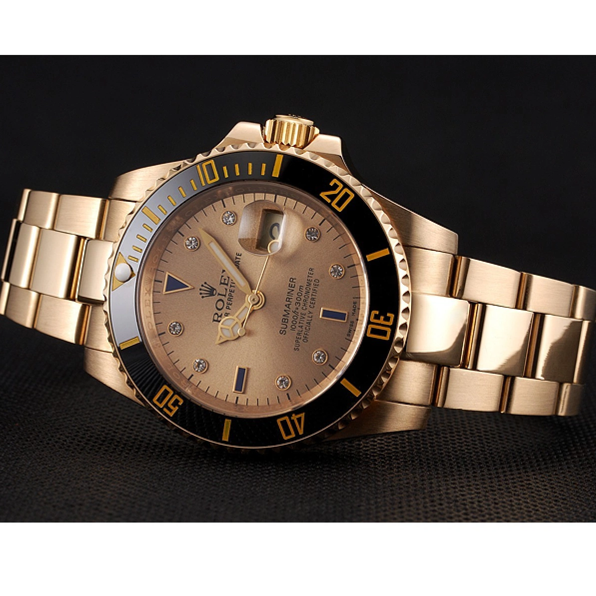 Aaa replica watch Bezel Rolex Markings Bracelet Submariner Case Gold Black Dial Swiss With Yellow And Gold Diamond 0214