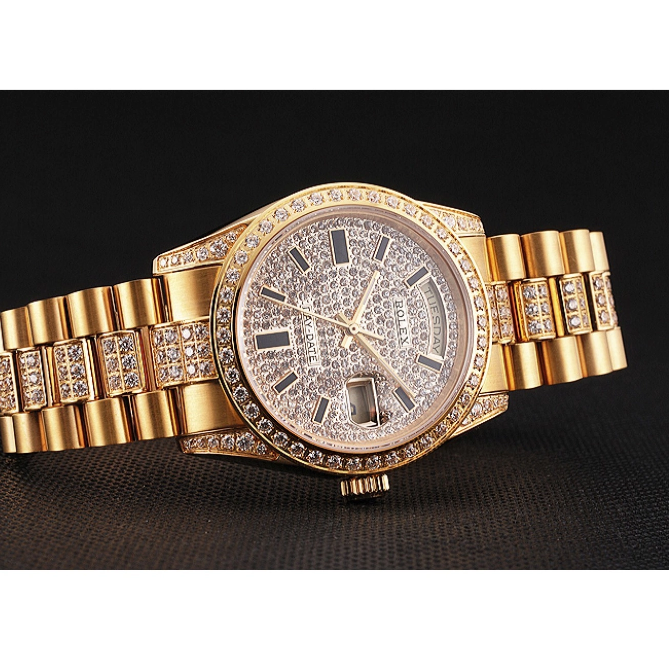 Aaa replica watch Rolex Swiss Day Diamond Yellow Pave Date Gold 0215