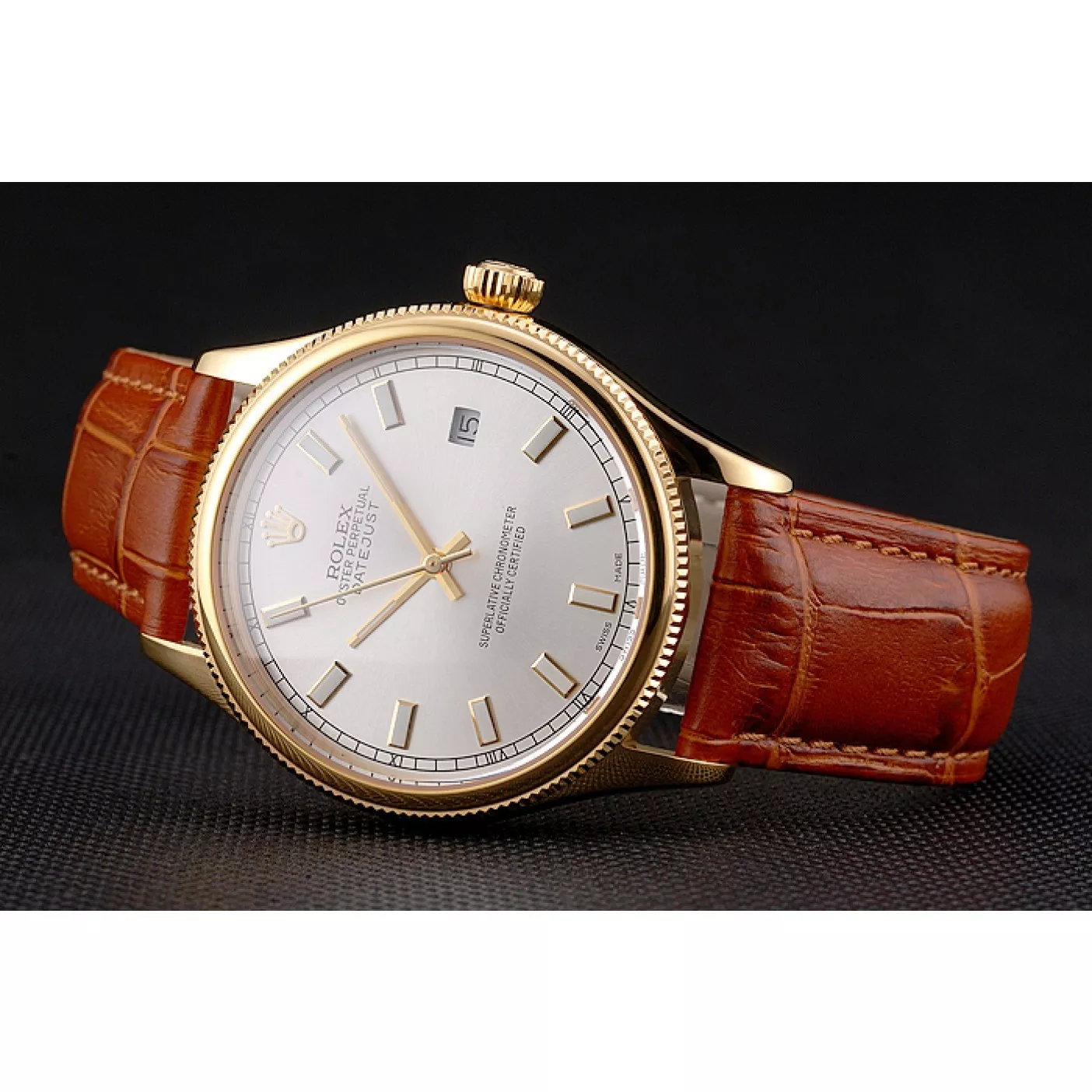 Aaa replica watch Swiss Rolex Datejust White Dial Gold Case Light Brown Leather Strap 0206