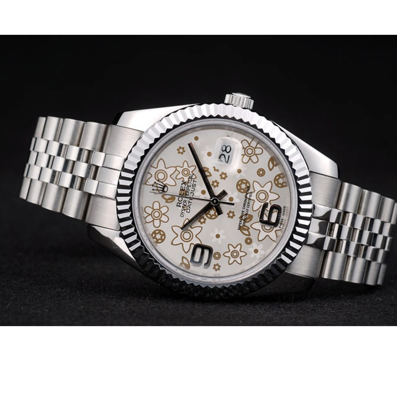 Aaa replica watch DateJust Stainless Flower Steel Ribbed Bezel Silver Rolex 41983 Dial 0210