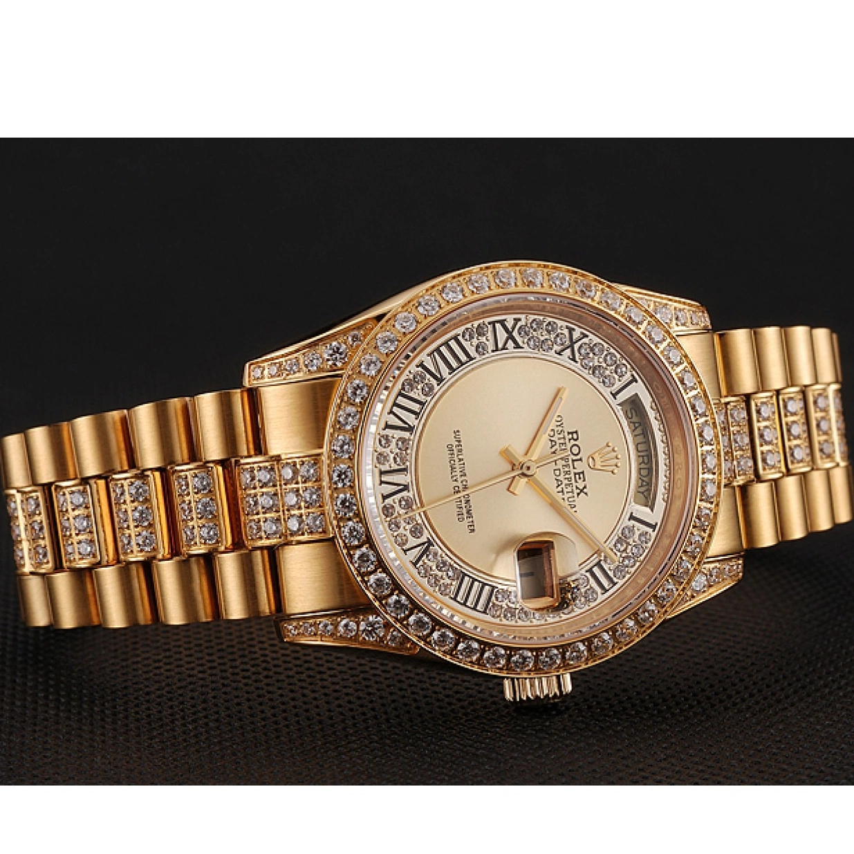 Aaa replica watch Diamond Dial Swiss Gold 1453954 Bracelet Pave Gold Rolex Day-Date Diamond 0208