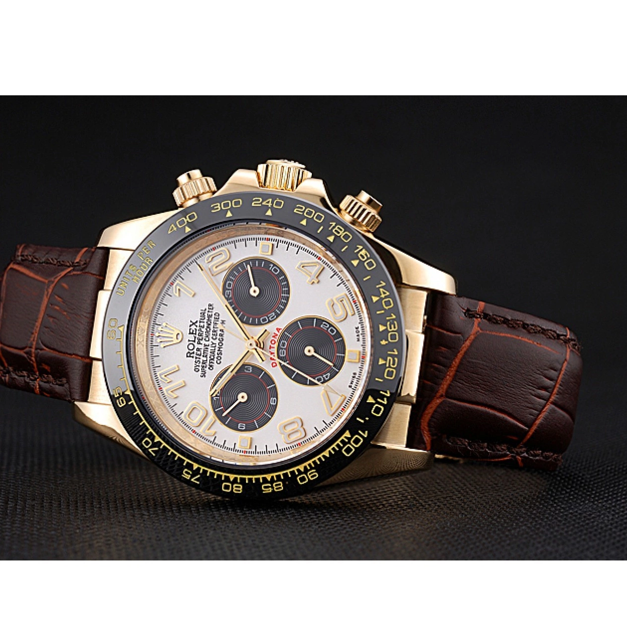 Aaa replica watch Cosmograph Daytona Rolex Gold Bracelet Subdials Brown 622634 Leather Case Black 0213