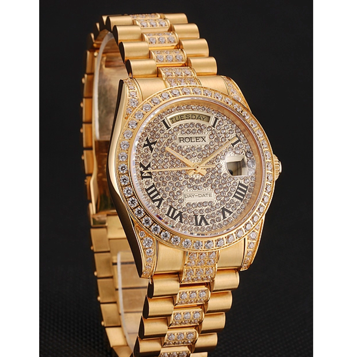 Aaa replica watch Diamond Pave Diamond Bracelet Swiss Rolex Day-Date Gold Dial 1453956 0210