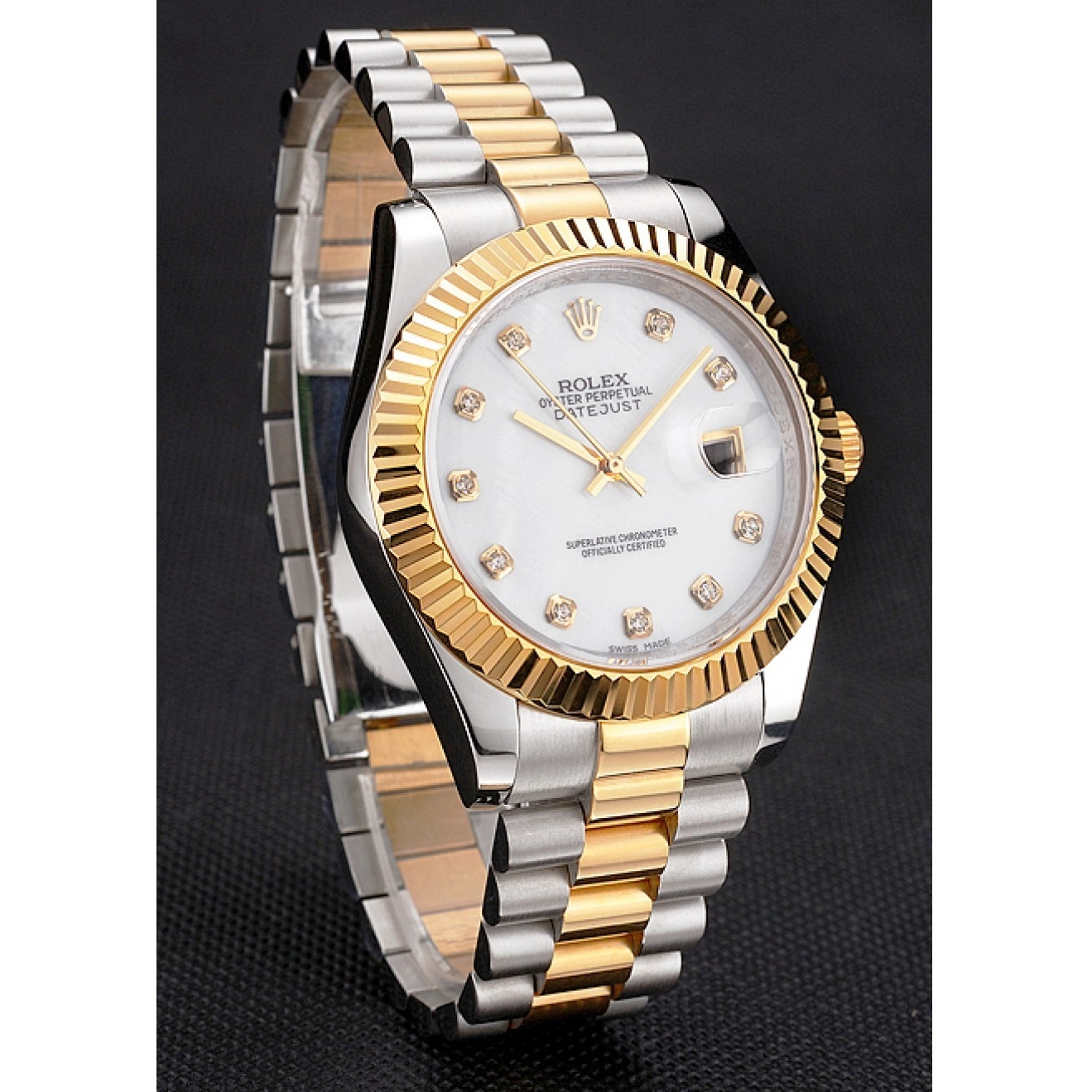 Aaa replica watch Swiss Diamond Case Two Marks Rolex White Stainless Bezel Datejust Dial Bracelet Steel Tone Hour Gold 0221