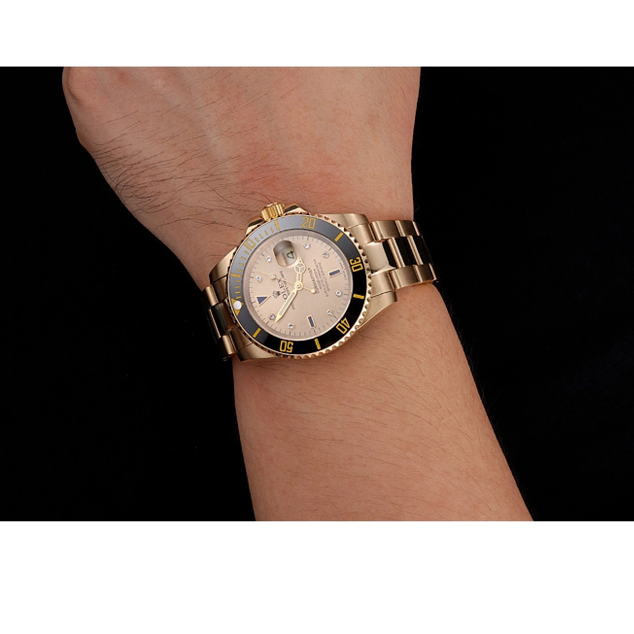 Aaa replica watch Bezel Rolex Markings Bracelet Submariner Case Gold Black Dial Swiss With Yellow And Gold Diamond 0214