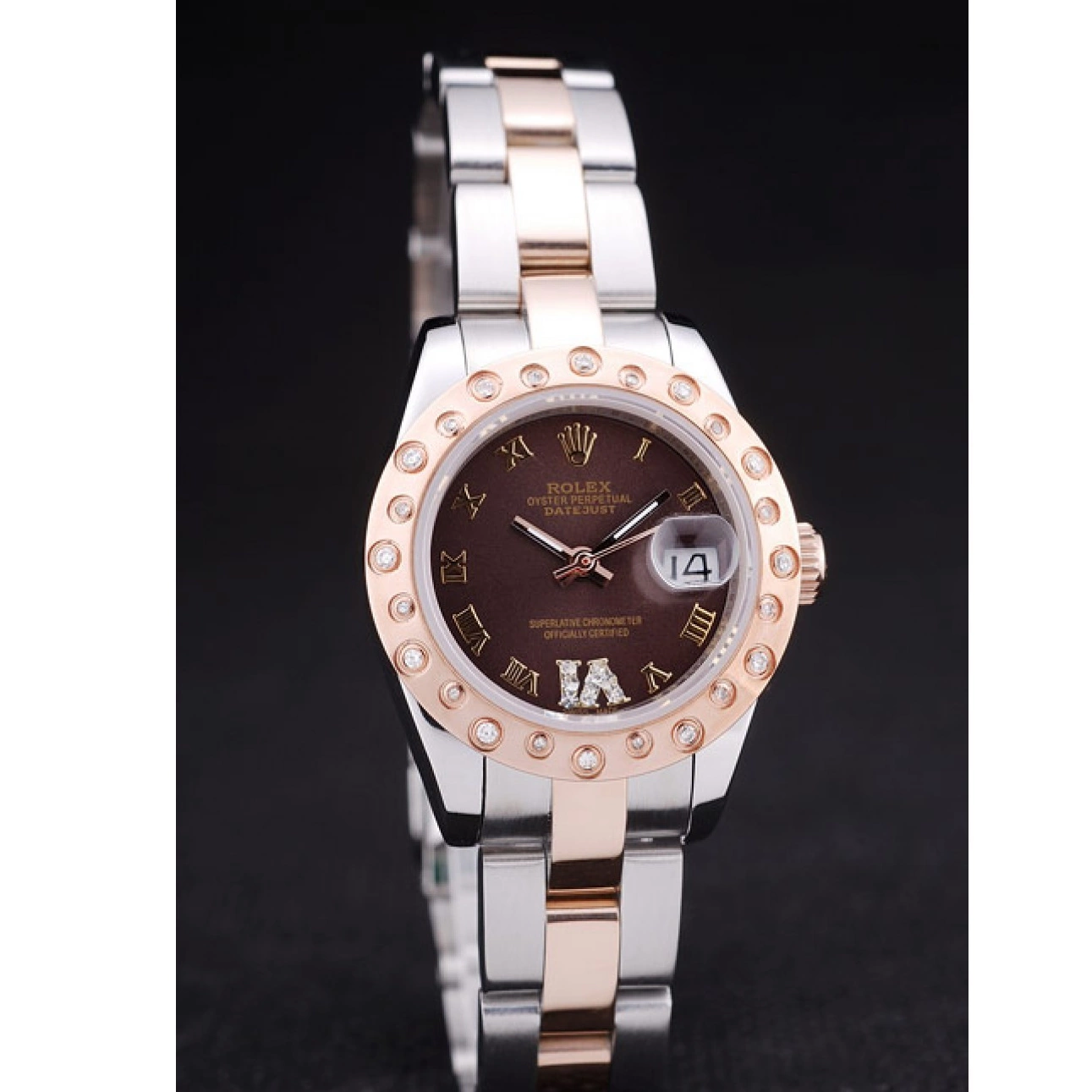 Aaa replica watch Rolex Polished Dial Bezel Diamonds Rose Gold Datejust Brown 7475 0219