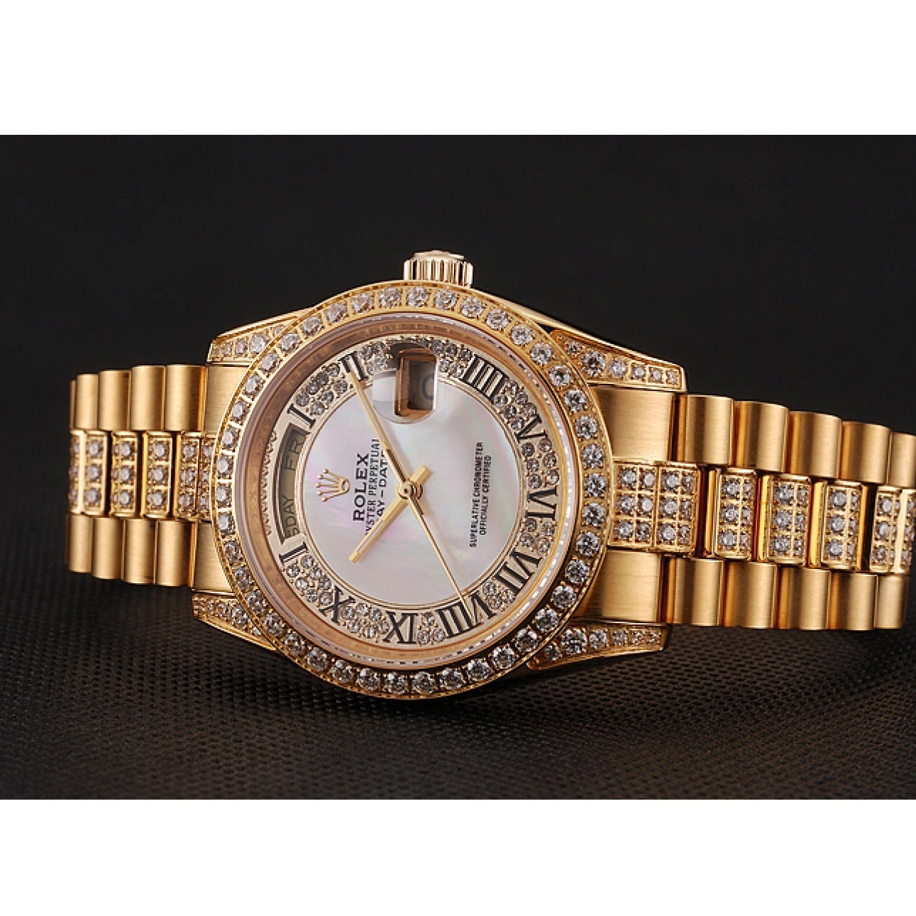 Aaa replica watch Swiss Diamond Rolex Bracelet Dial 1453958 Diamond Day-Date Pave Gold White 0215