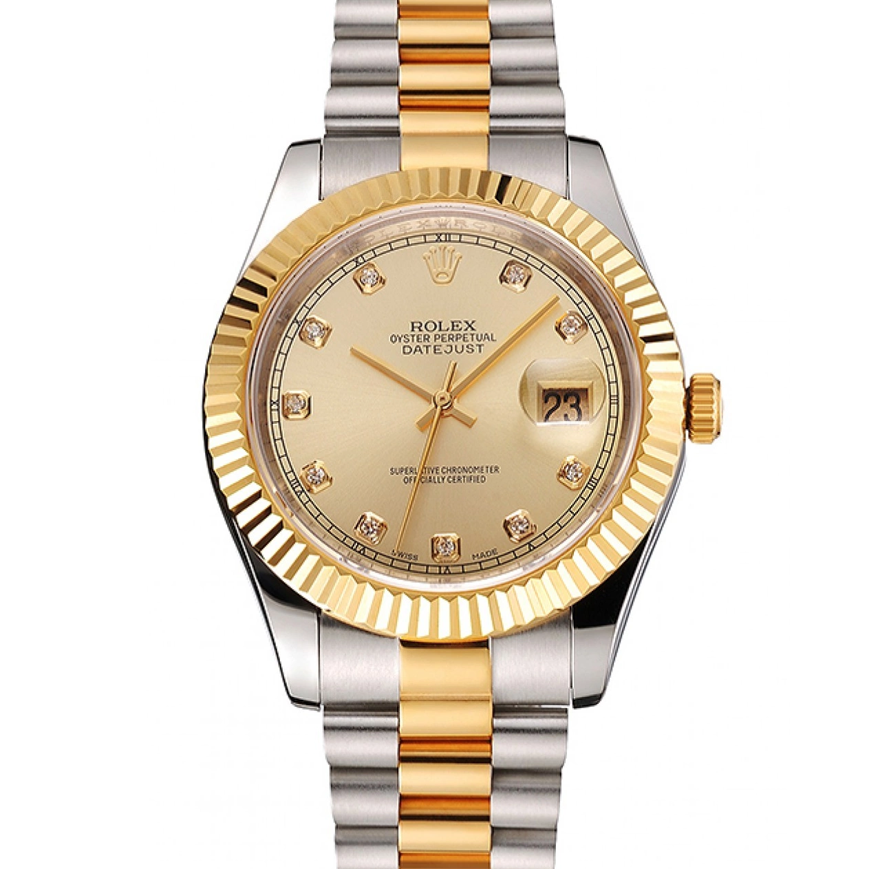 Aaa replica watch Stainless Dial Gold Case Bezel Bracelet Swiss And Two Rolex Datejust Steel Tone 0222