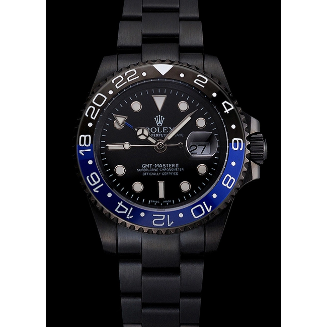 Aaa replica watch Dial Master Rolex Swiss GMT Blue Black Black II PVD Case Bracelet Black And Bezel And 0218