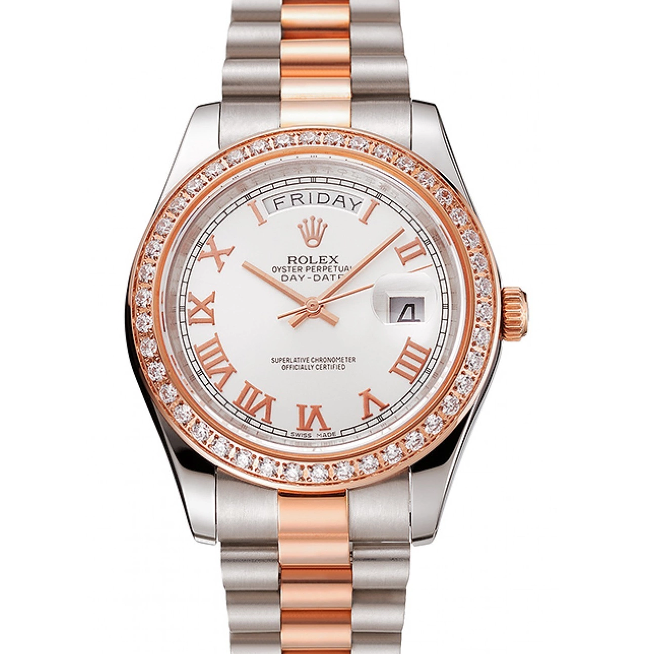 Aaa replica watch Bracelet White Staineless Bezel Diamonds Rose 1454108 Steel Dial And Gold Swiss Day-Date Rolex 0217