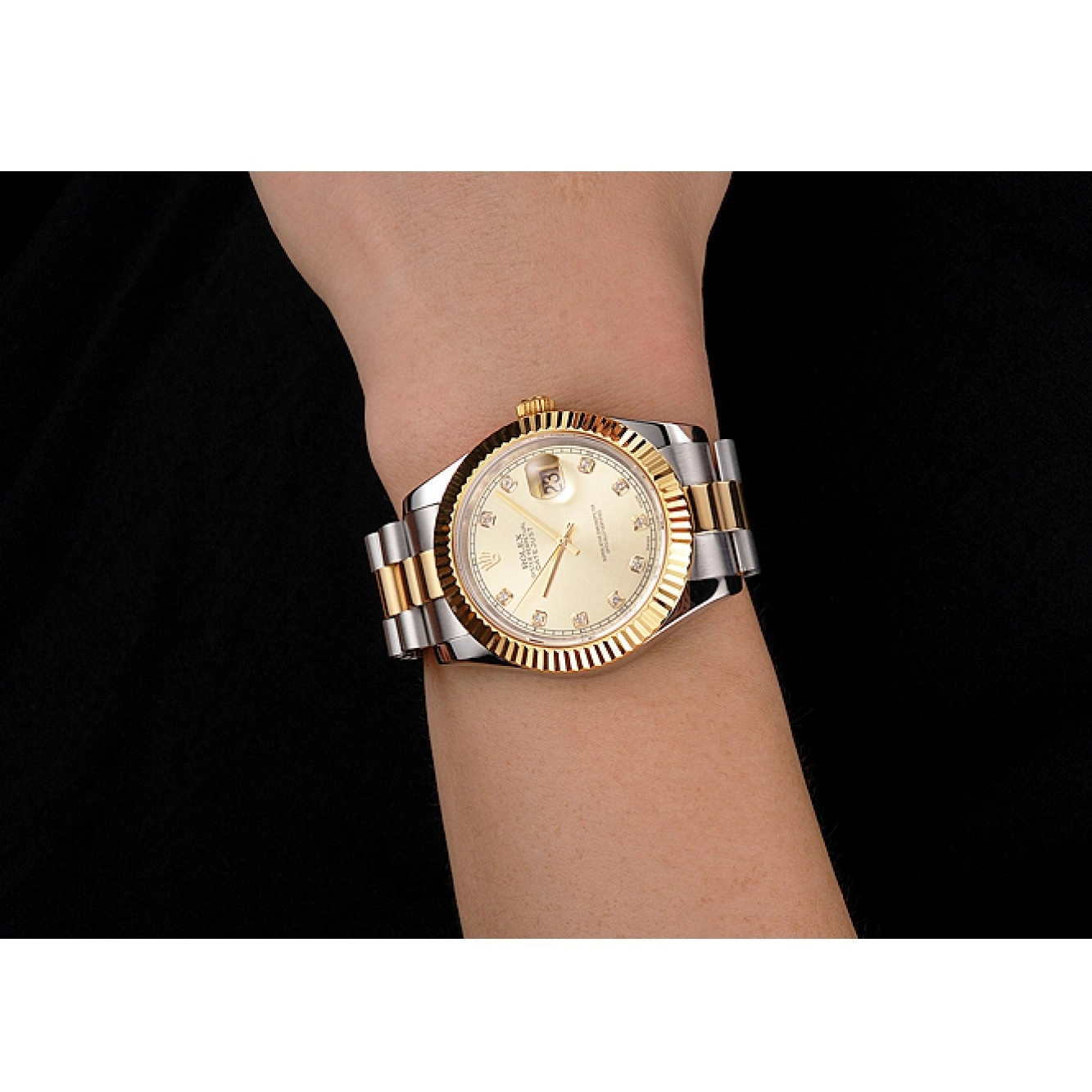 Aaa replica watch Stainless Dial Gold Case Bezel Bracelet Swiss And Two Rolex Datejust Steel Tone 0222