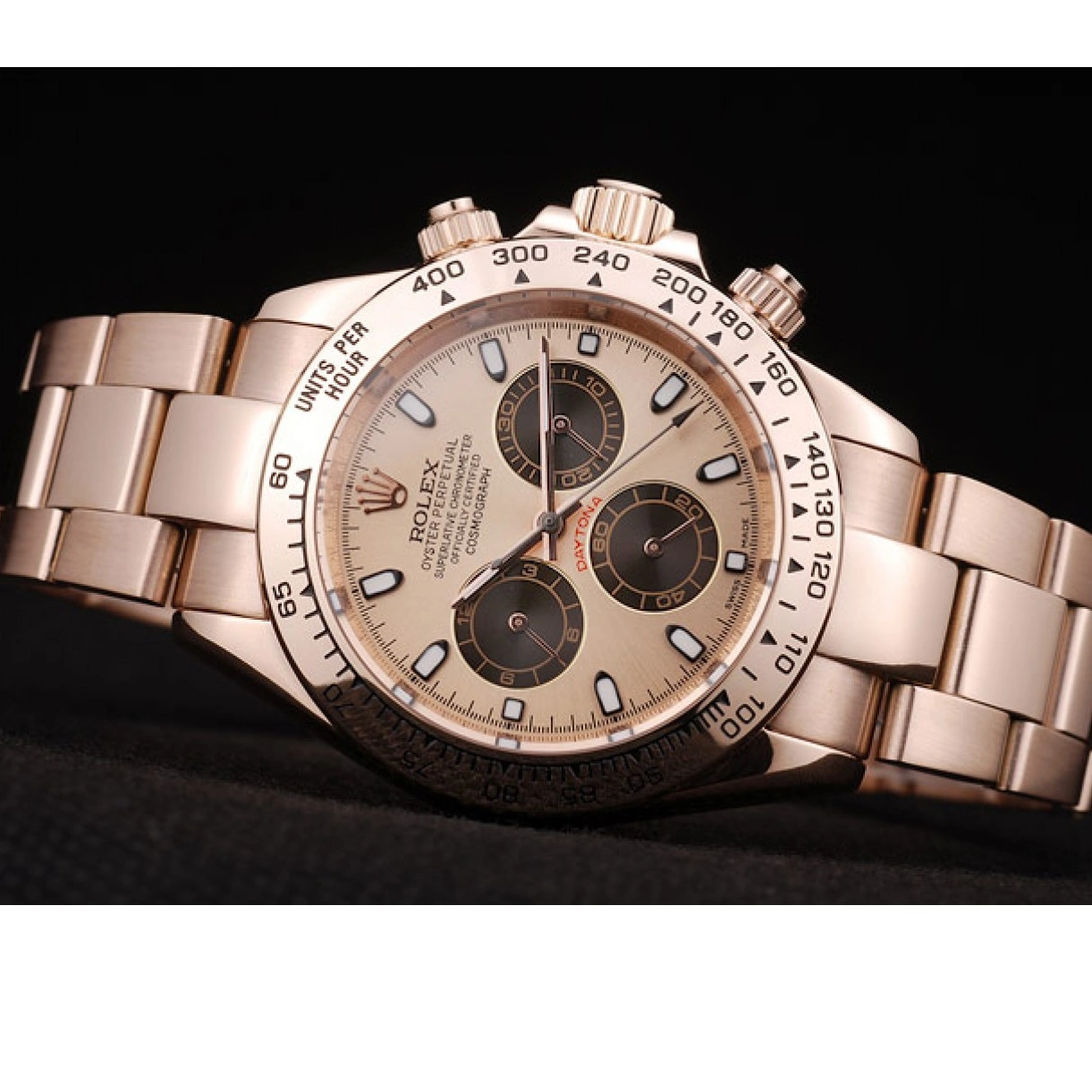 Aaa replica watch Gold Steel Stainless Rolex Dial Rose Plated Bezel Daytona Rose Gold 0216