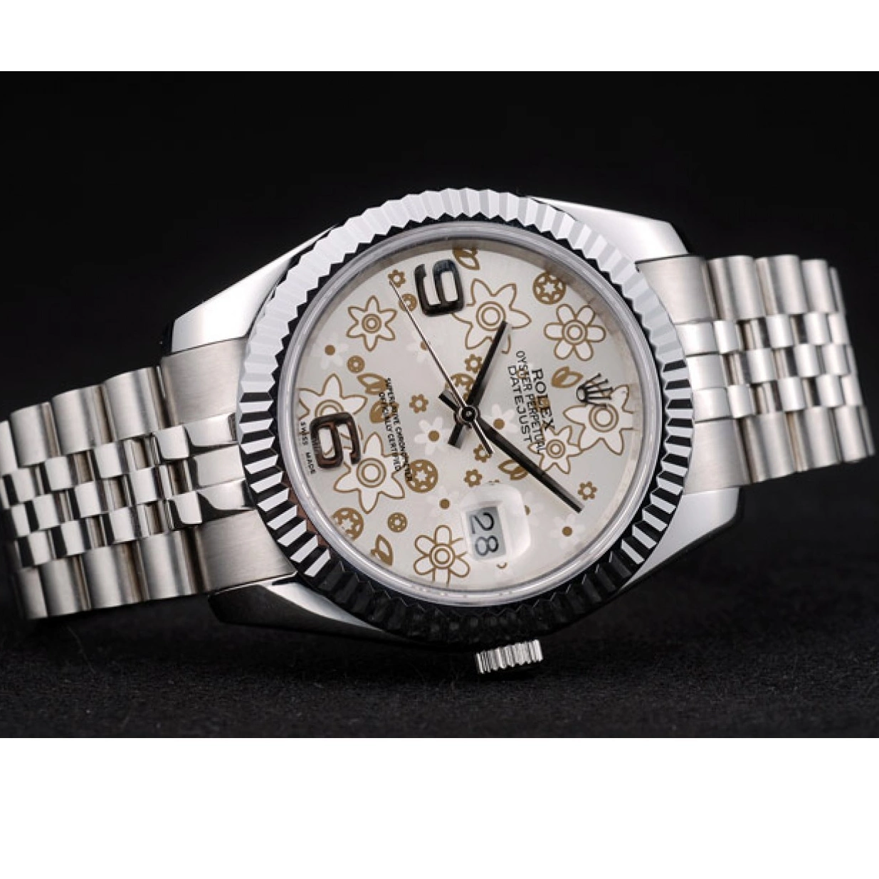 Aaa replica watch DateJust Stainless Flower Steel Ribbed Bezel Silver Rolex 41983 Dial 0210