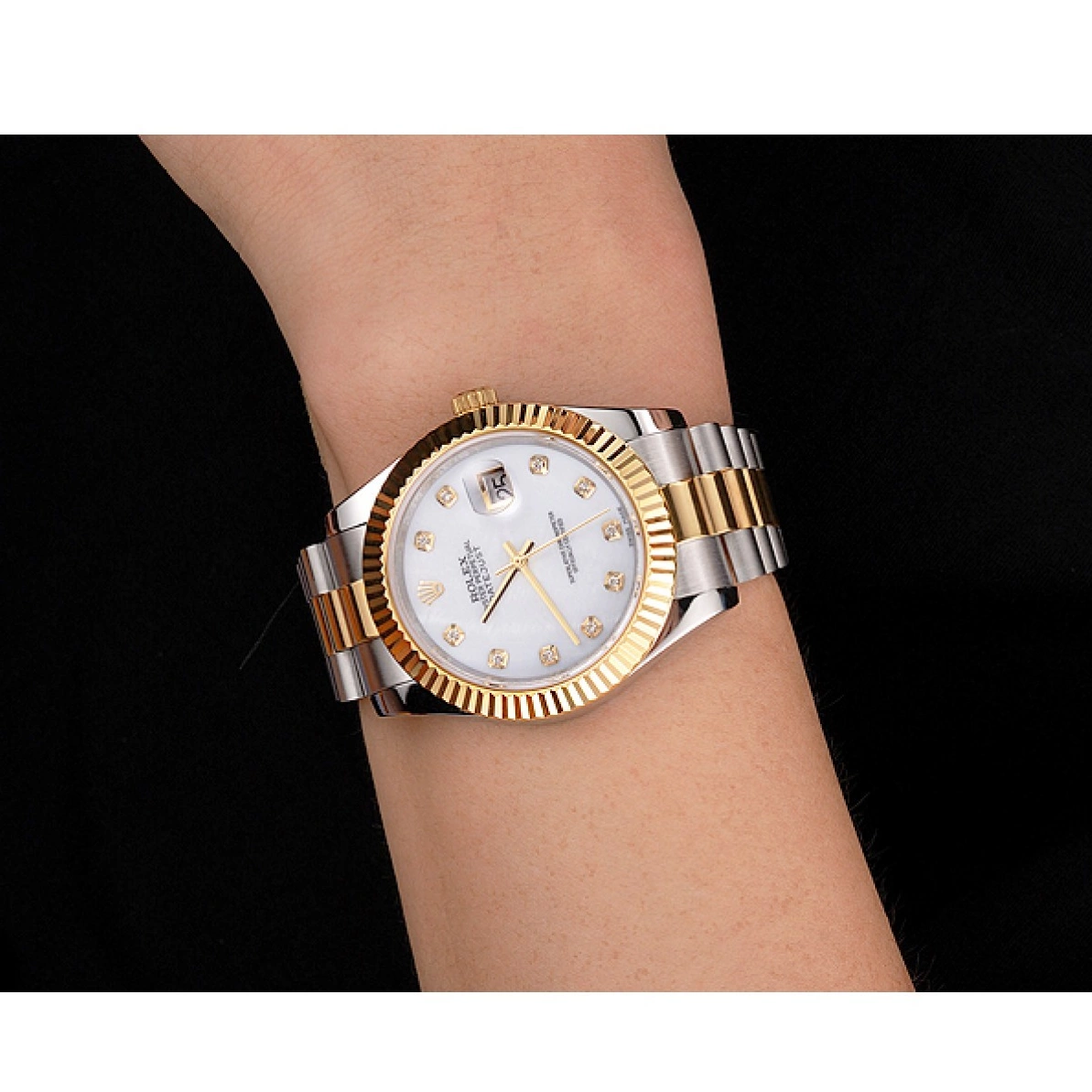 Aaa replica watch Tone Marks Swiss Rolex Dial Case Datejust Bezel Hour Gold Steel Diamond White Two Bracelet Stainless 0210