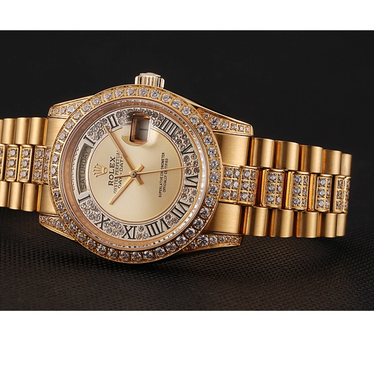 Aaa replica watch Diamond Dial Swiss Gold 1453954 Bracelet Pave Gold Rolex Day-Date Diamond 0208