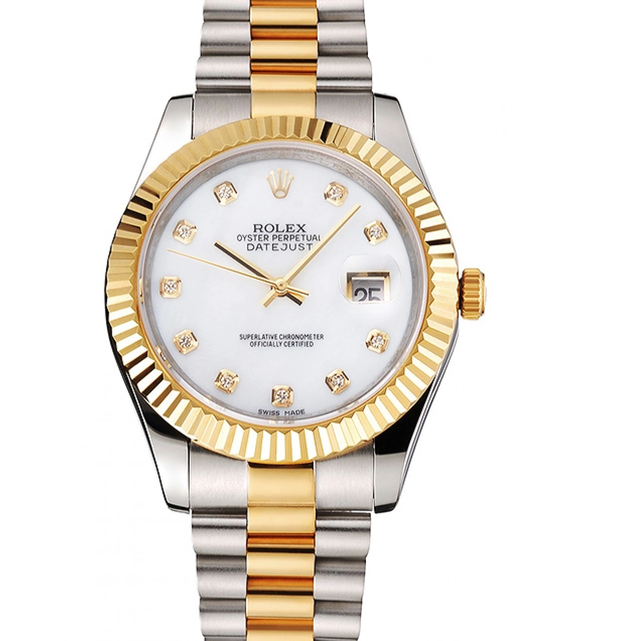 Aaa replica watch Datejust White Steel Swiss Marks Gold Hour Stainless Rolex Bezel Diamond Tone Case Two Bracelet Dial 0219