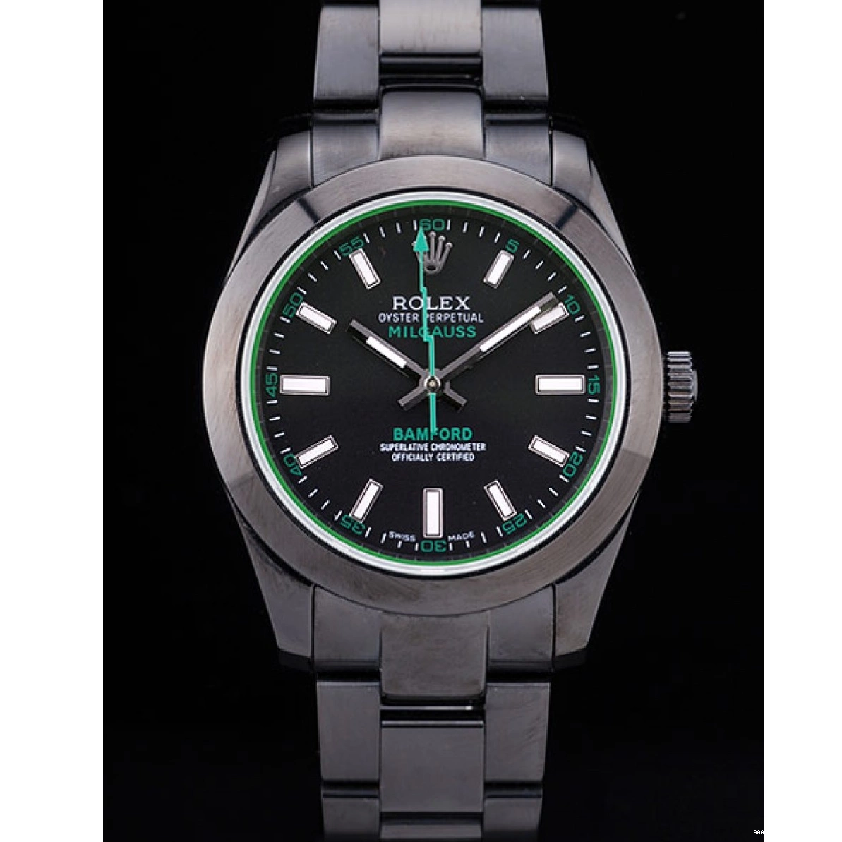 Aaa replica watch 7476 Rolex Dial Bezel Black Milgaus Plated Stainless Bamford Ion Steel 0225