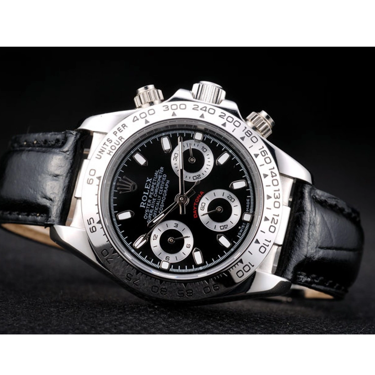 Aaa replica watch Rolex Strap Dial Stainless Steel Daytona Case Black Lady Leather Tachymeter Black 0215