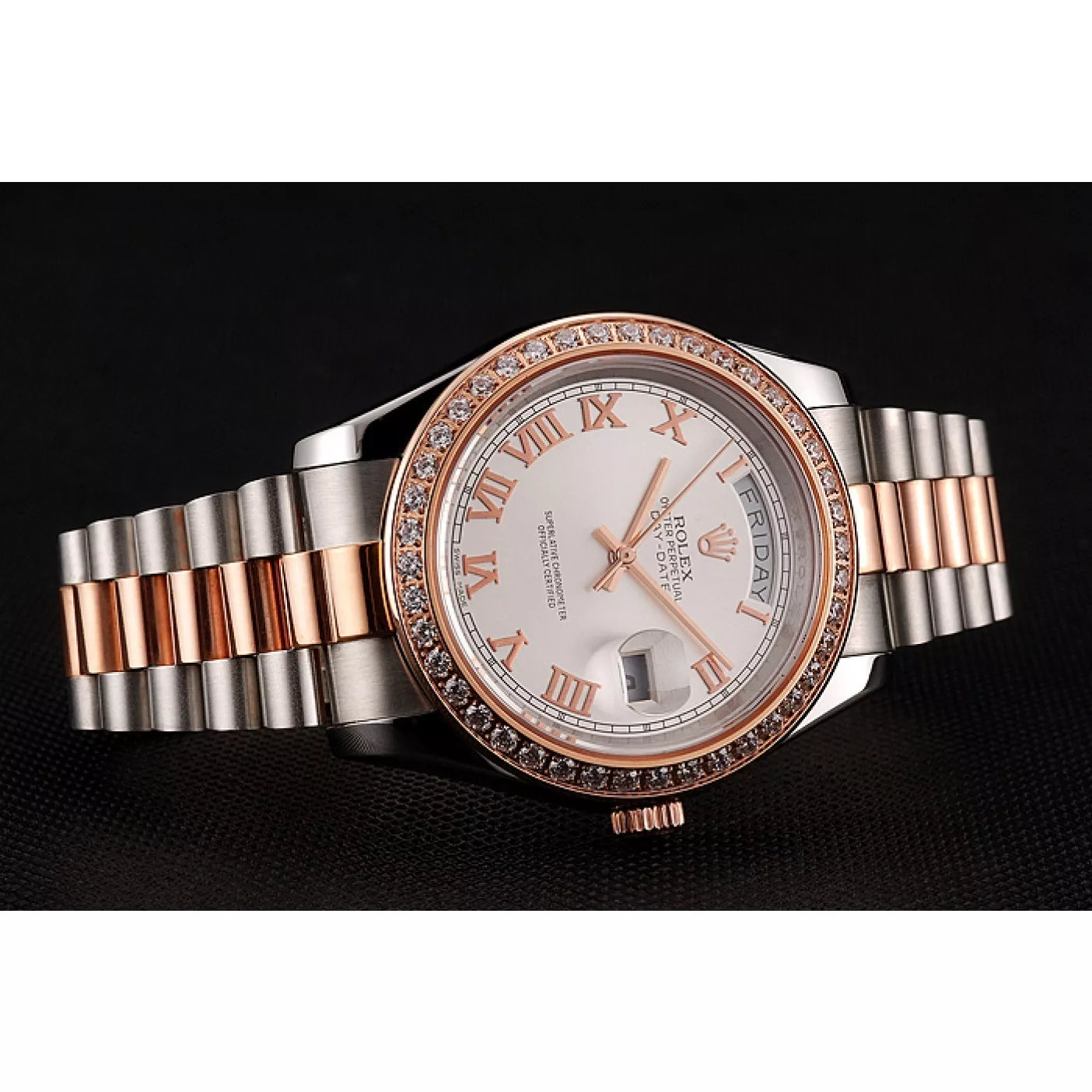 Aaa replica watch Swiss Rolex Day-Date Diamonds Bezel White Dial Rose Gold And Staineless Steel Bracelet 1454108 0206