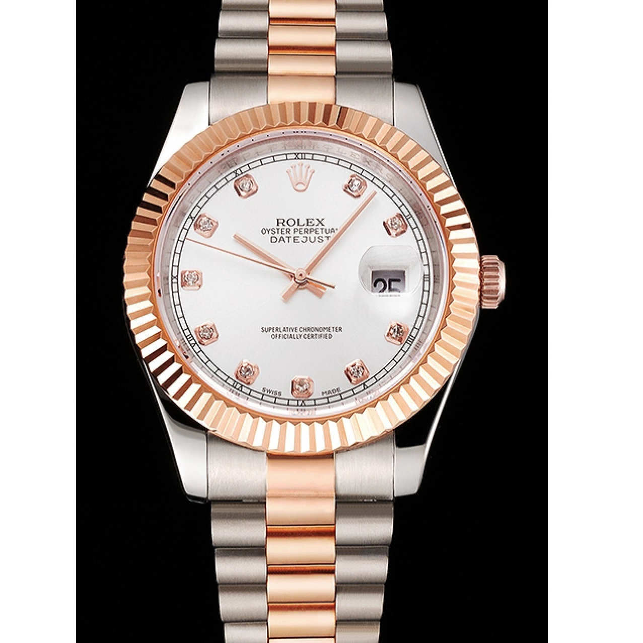 Aaa replica watch White Swiss Dial Bracelet Bezel Case Two Datejust Stainless Gold Tone Rose Rolex Steel 0217