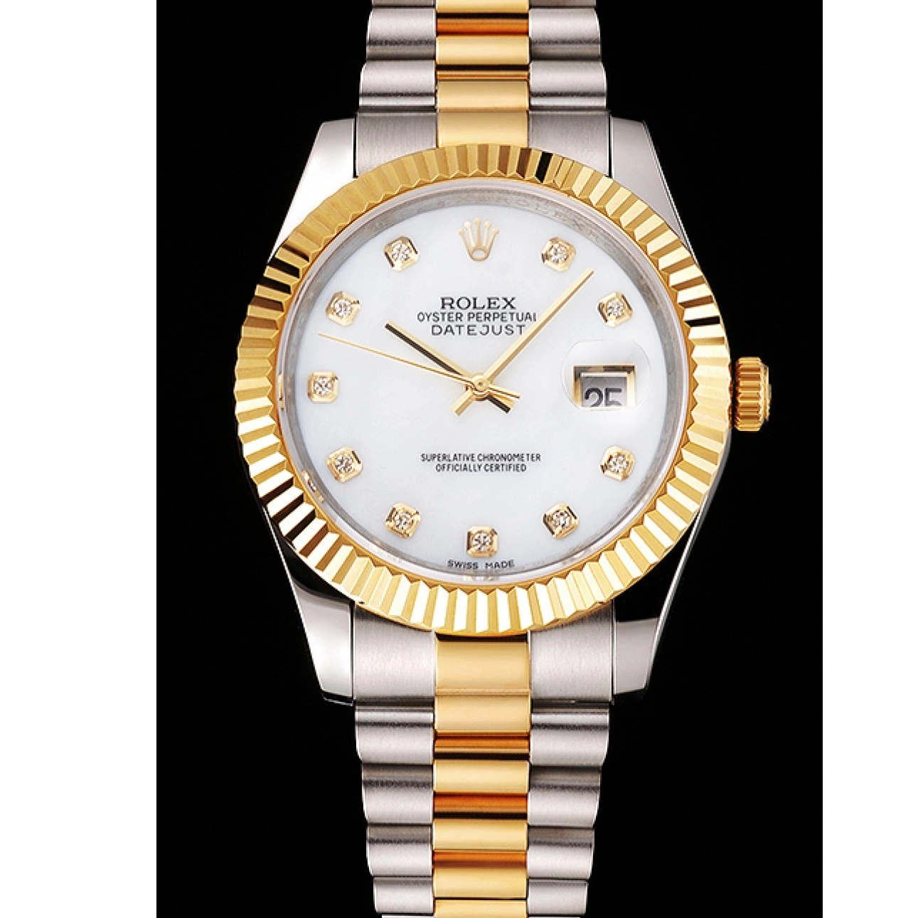 Aaa replica watch Swiss Diamond Case Two Marks Rolex White Stainless Bezel Datejust Dial Bracelet Steel Tone Hour Gold 0221