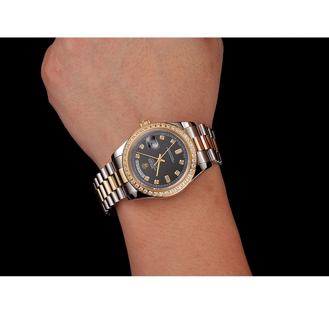 Aaa replica watch Two Gold 1453976 Case Swiss Steel Diamond Bracelet Rolex Black Stainless Tone Day-Date Dial 0226