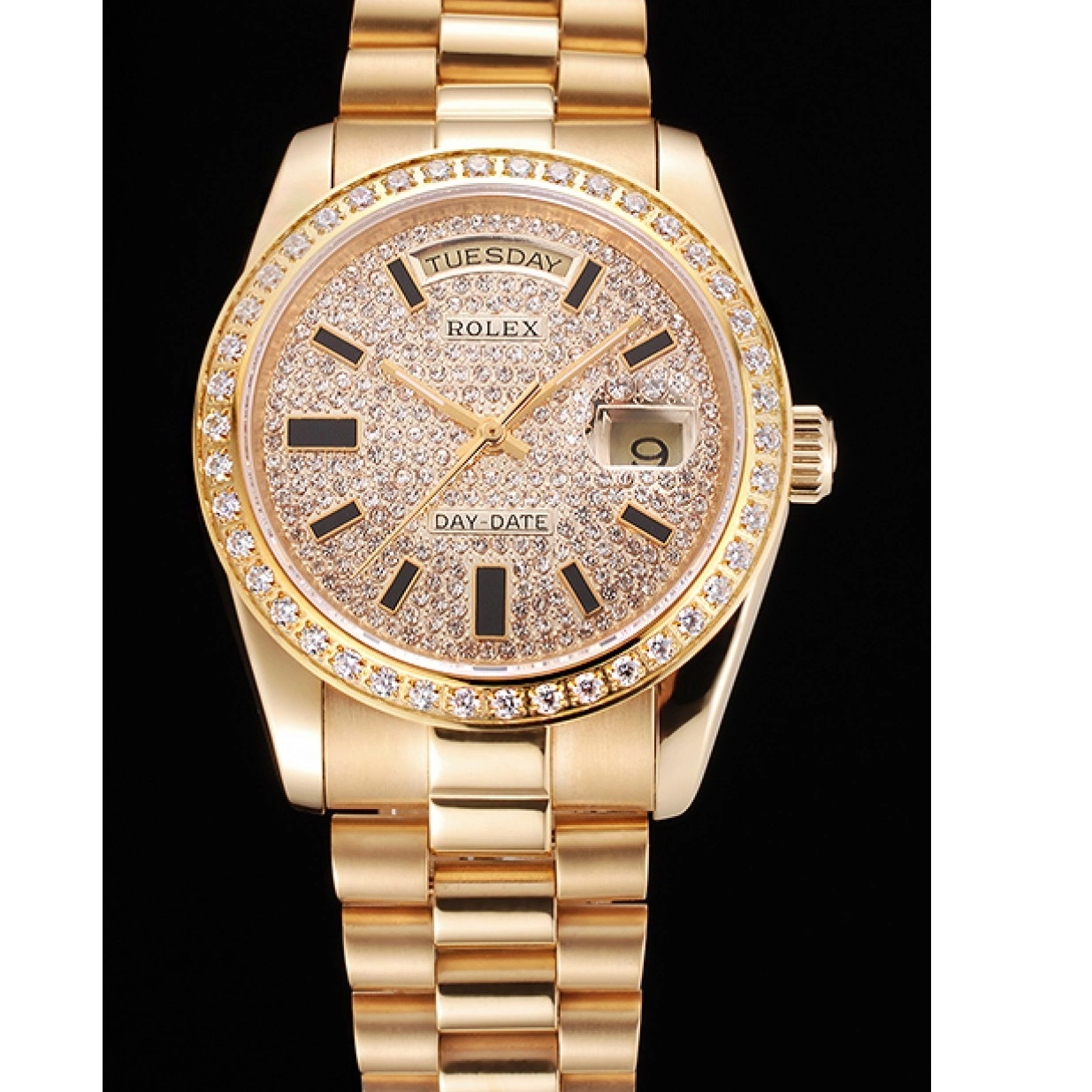 Aaa replica watch And Dial Day Bracelet Date Gold Swiss Rolex Pave Bezel Case And Diamond 0224