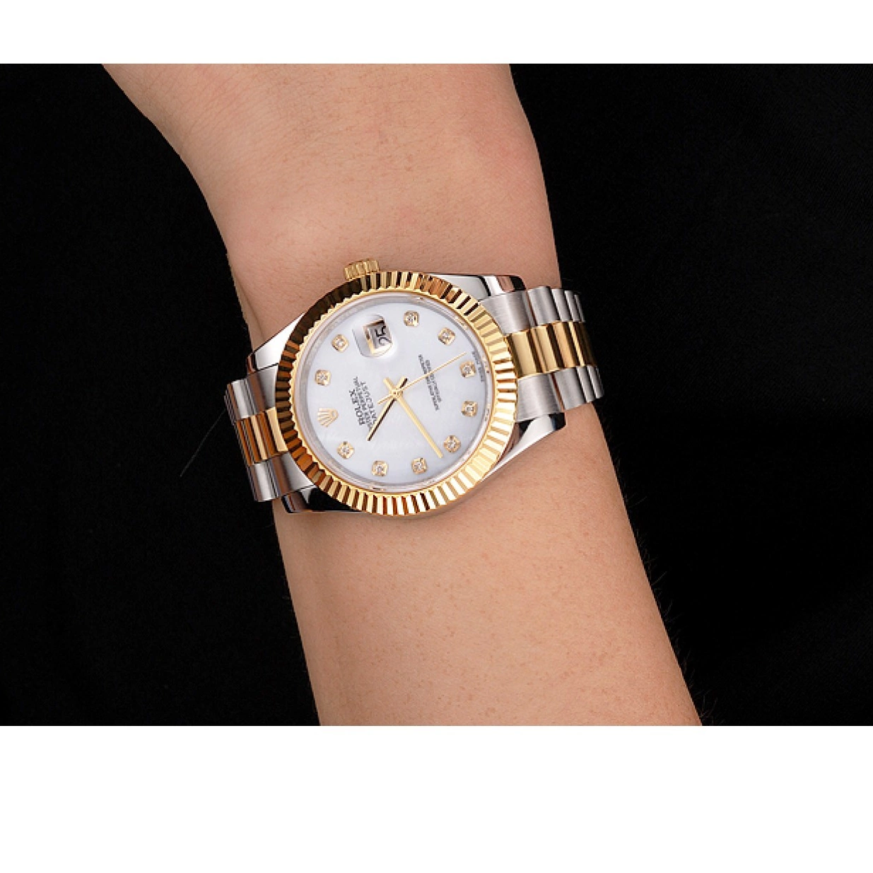 Aaa replica watch Datejust White Steel Swiss Marks Gold Hour Stainless Rolex Bezel Diamond Tone Case Two Bracelet Dial 0219