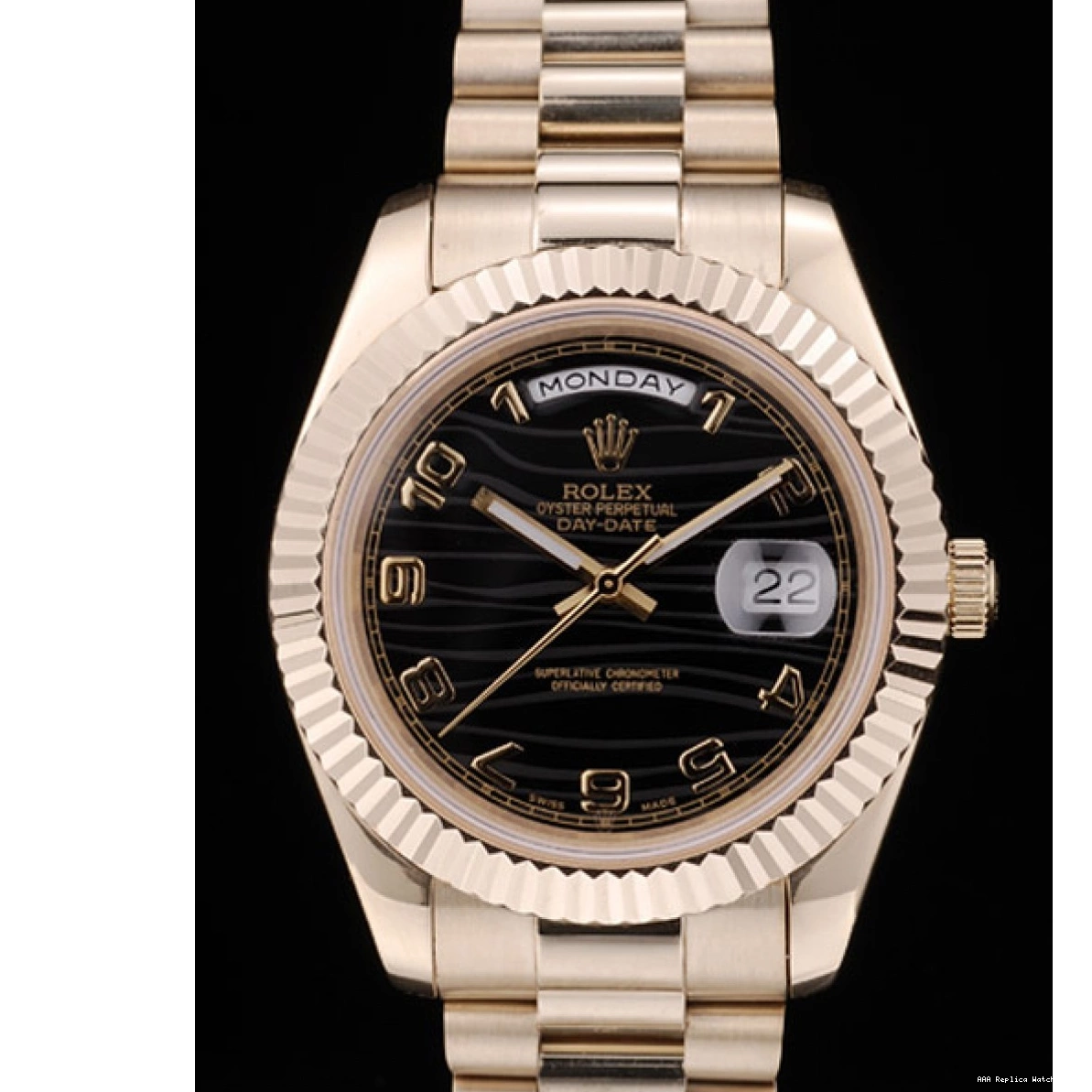 Aaa replica watch 41998 Swiss Stainless Gold Black Dial Rolex Steel DayDate Bezel Ribbed 0210