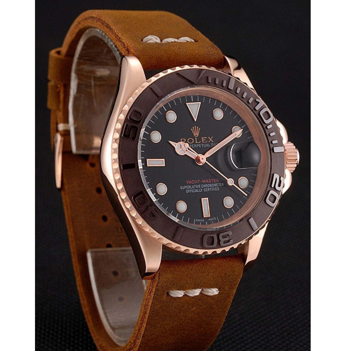 Aaa replica watch Case Rose Brown Leather 1453860 Bezel Rolex Black Gold Bracelet Master Dial Yacht Brown 0223