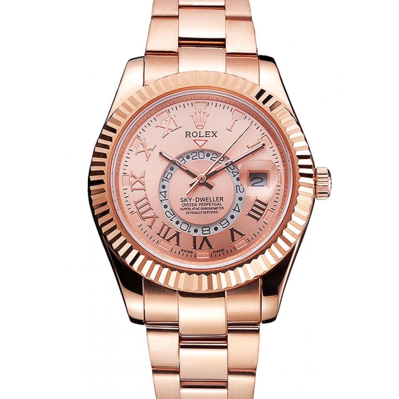 Aaa replica watch Rolex Sky Gold Gold Case Dweller Dial Rose And Rose Bracelet 0213