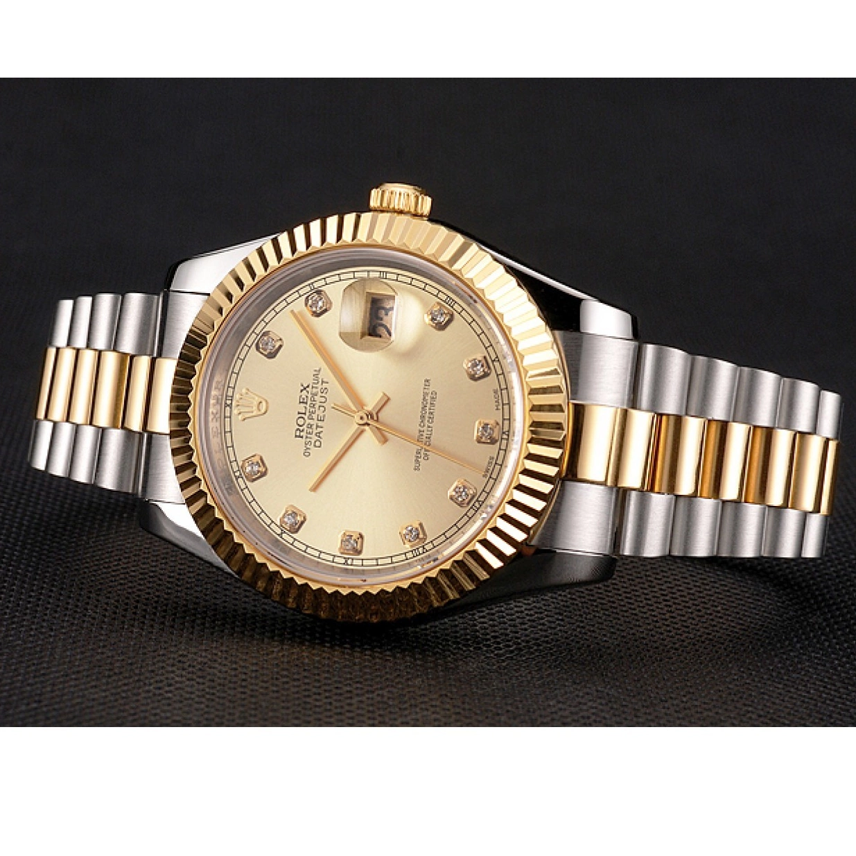 Aaa replica watch Stainless Dial Gold Case Bezel Bracelet Swiss And Two Rolex Datejust Steel Tone 0222