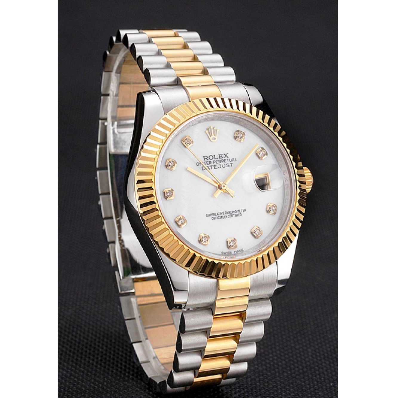 Aaa replica watch Datejust White Steel Swiss Marks Gold Hour Stainless Rolex Bezel Diamond Tone Case Two Bracelet Dial 0219