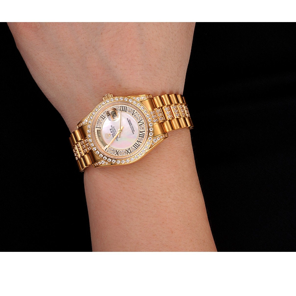 Aaa replica watch Swiss Diamond Rolex Bracelet Dial 1453958 Diamond Day-Date Pave Gold White 0215