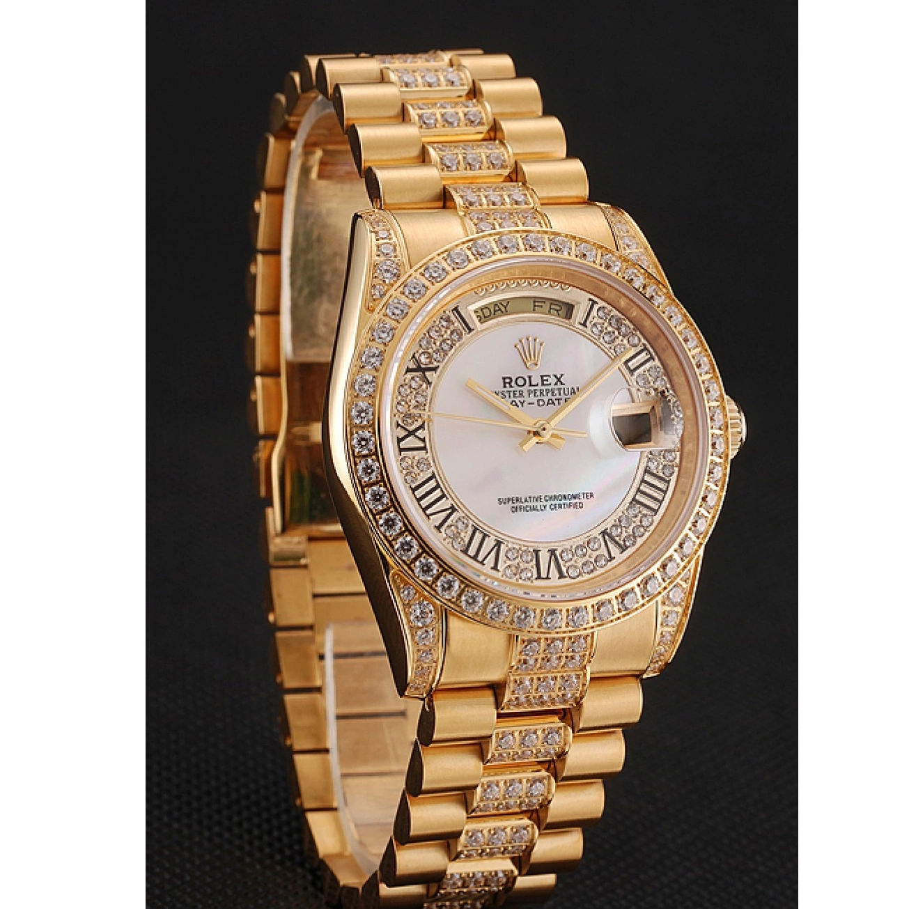 Aaa replica watch Swiss Diamond Rolex Bracelet Dial 1453958 Diamond Day-Date Pave Gold White 0215