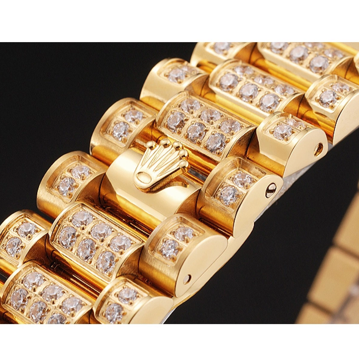 Aaa replica watch Yellow Pave Swiss Day Diamond Rolex Full Date Gold 0225