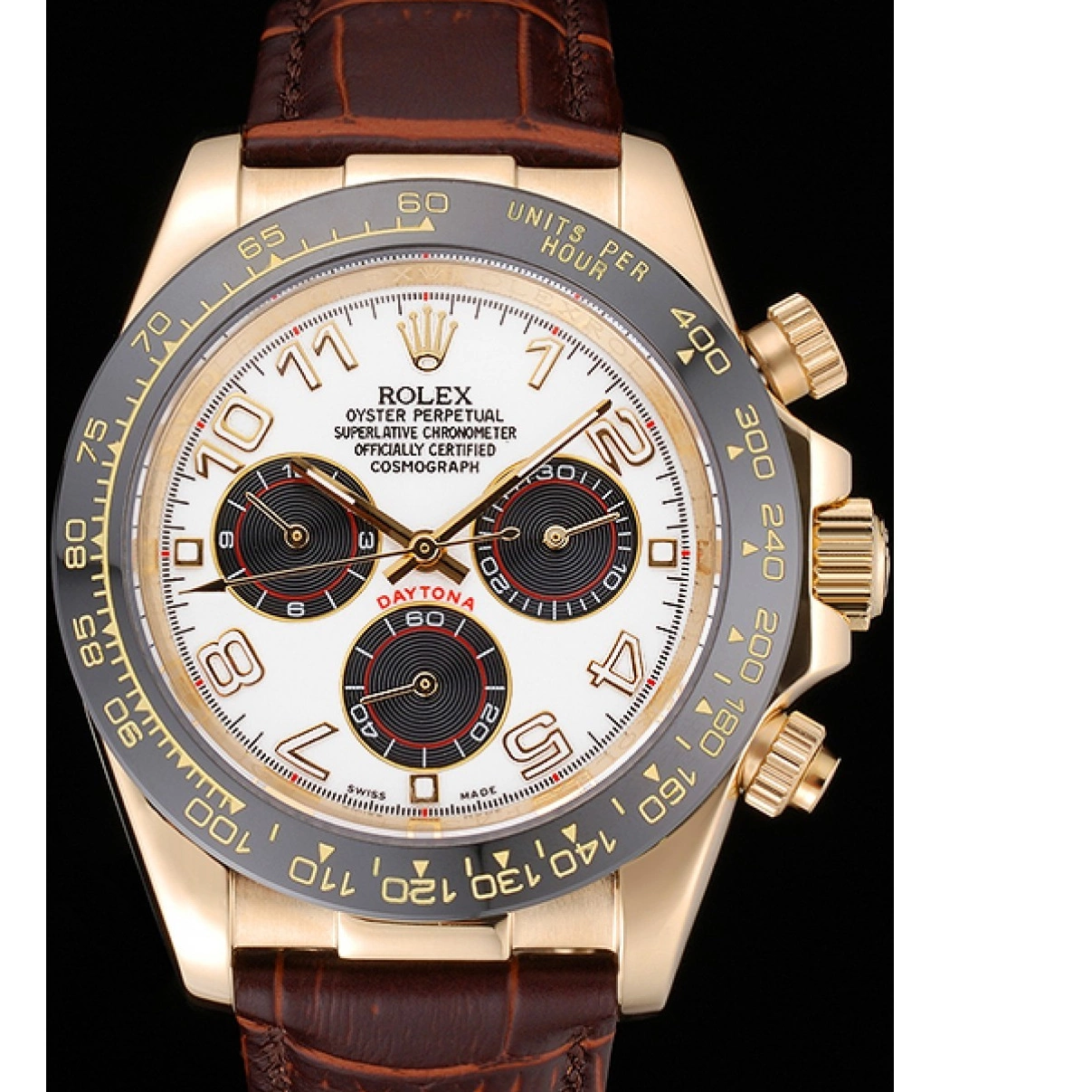 Aaa replica watch Rolex 622634 Subdials Gold Cosmograph Case Bracelet Leather Black Daytona Brown 0216