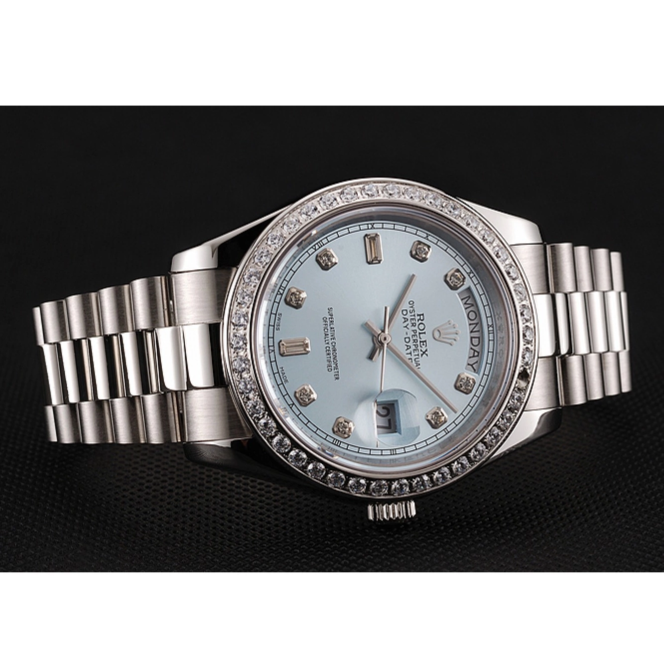 Aaa replica watch Ice Dial Diamond Stainless Steel Bracelet Numerals Diamond Day-Date Case Rolex 1453963 Blue Swiss 0218