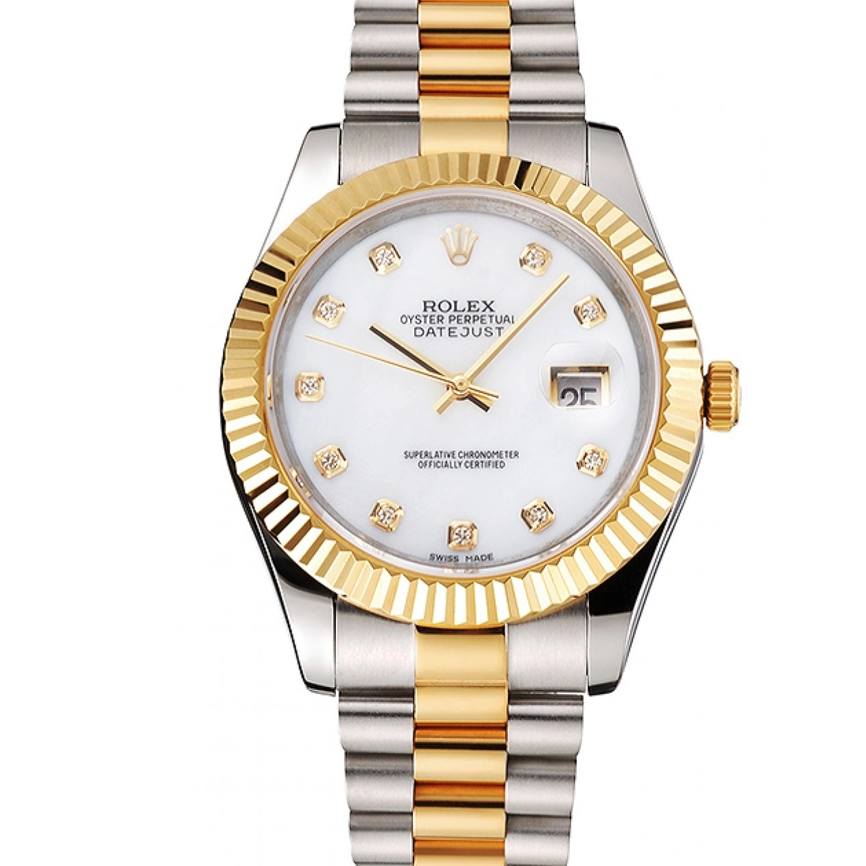 Aaa replica watch Swiss Diamond Case Two Marks Rolex White Stainless Bezel Datejust Dial Bracelet Steel Tone Hour Gold 0221