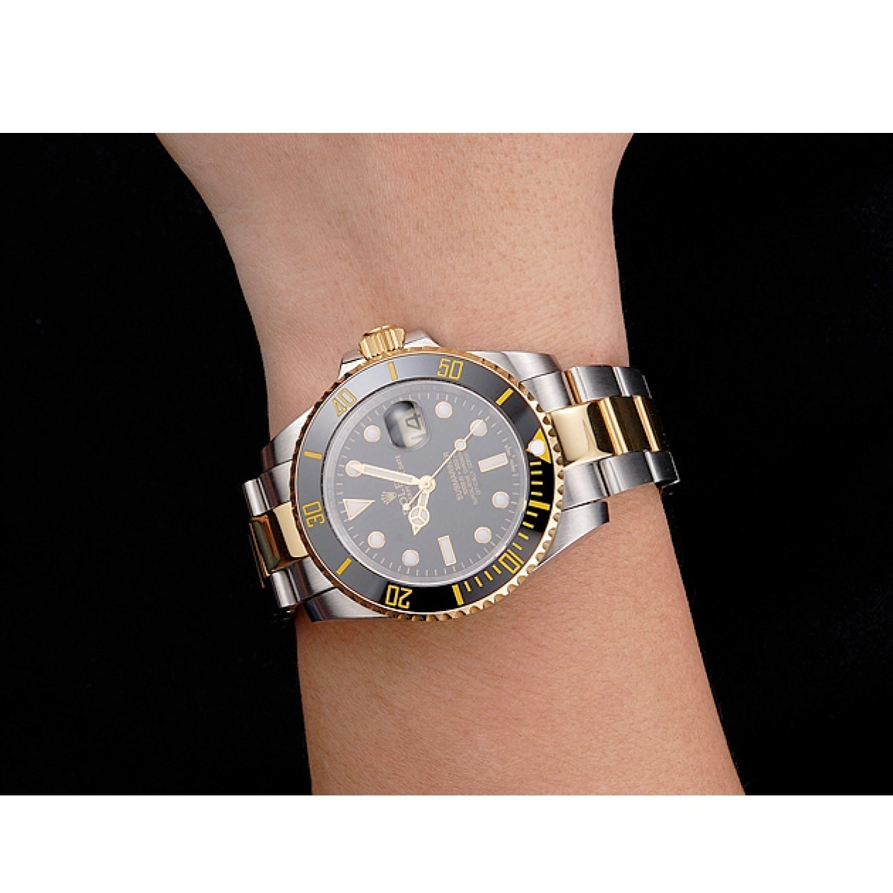 Aaa replica watch Swiss Gold Steel Submariner Tone Two And Bracelet Bezel Dial Rolex Black 0227