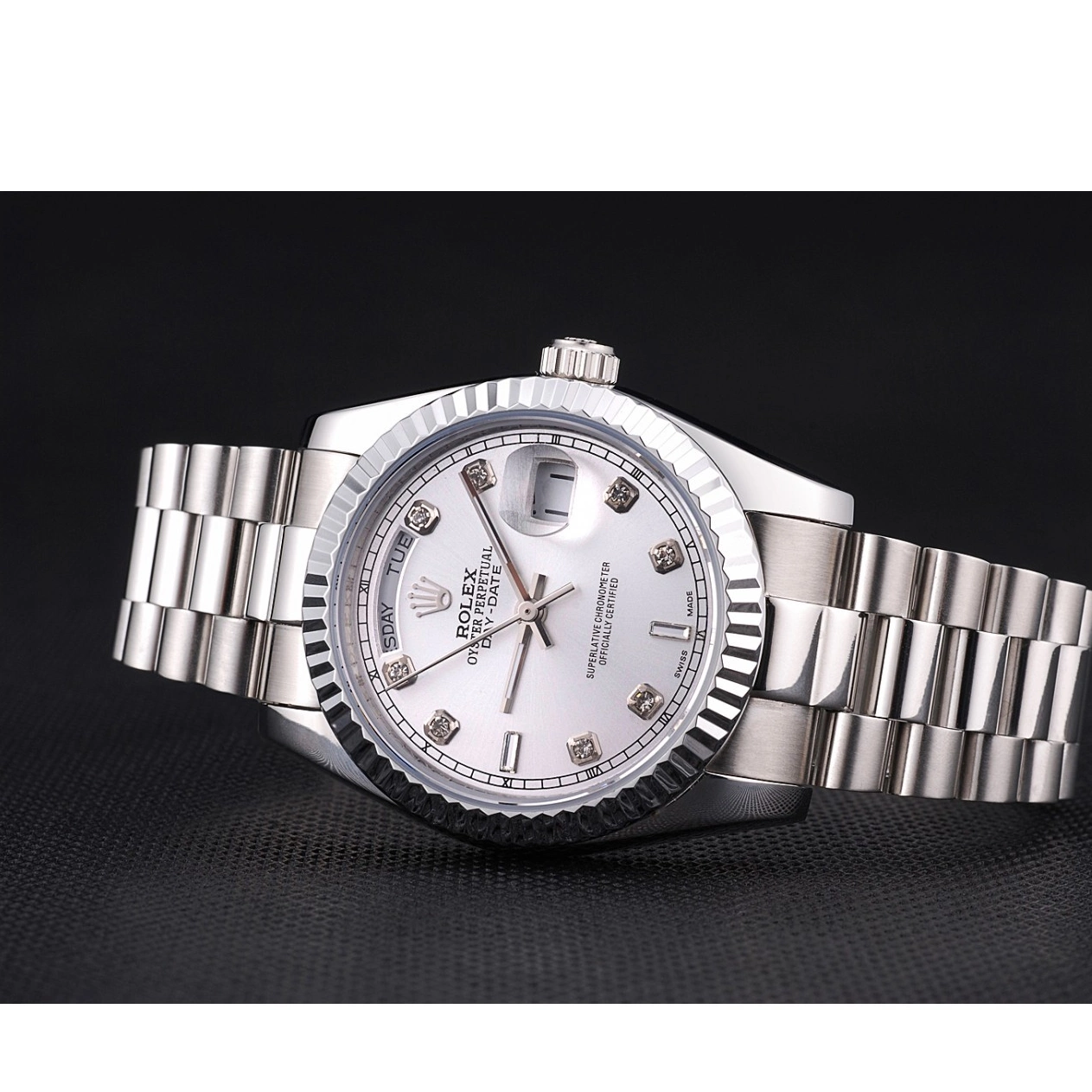 Aaa replica watch Steel Stainless Rolex Polished Day-Date Dial Silver 0226