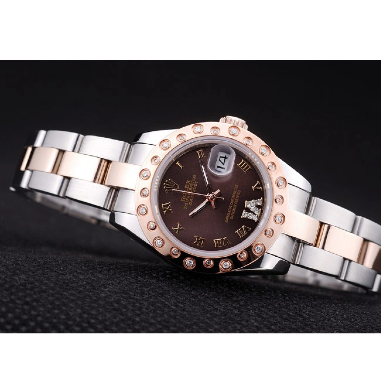 Aaa replica watch Rolex Polished Dial Bezel Diamonds Rose Gold Datejust Brown 7475 0219