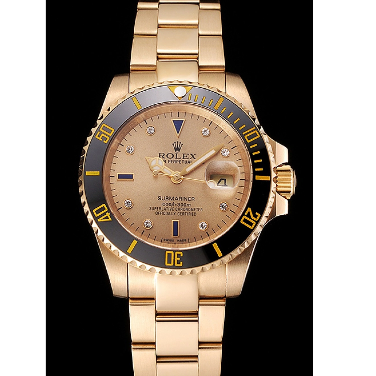 Aaa replica watch Diamond Dial Yellow Gold Black Bracelet Bezel And Swiss Markings With Rolex Case Gold Submariner 0226