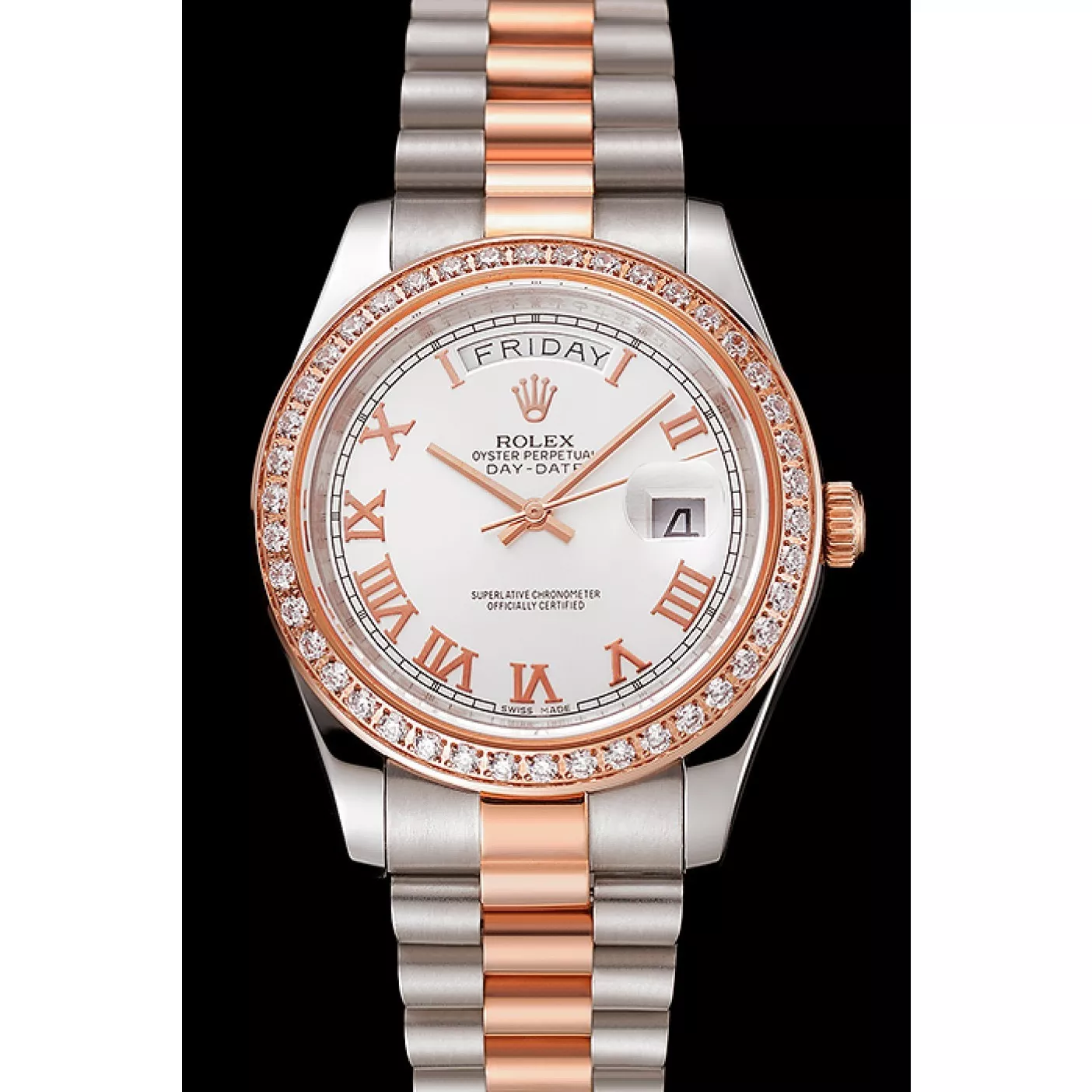 Aaa replica watch Swiss Rolex Day-Date Diamonds Bezel White Dial Rose Gold And Staineless Steel Bracelet 1454108 0206