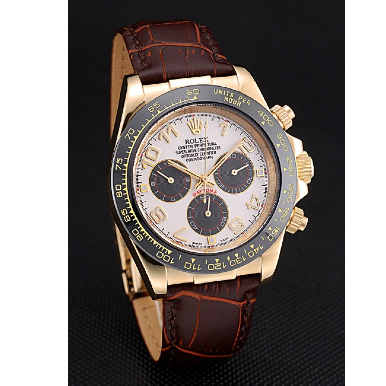 Aaa replica watch Cosmograph Daytona Rolex Gold Bracelet Subdials Brown 622634 Leather Case Black 0213