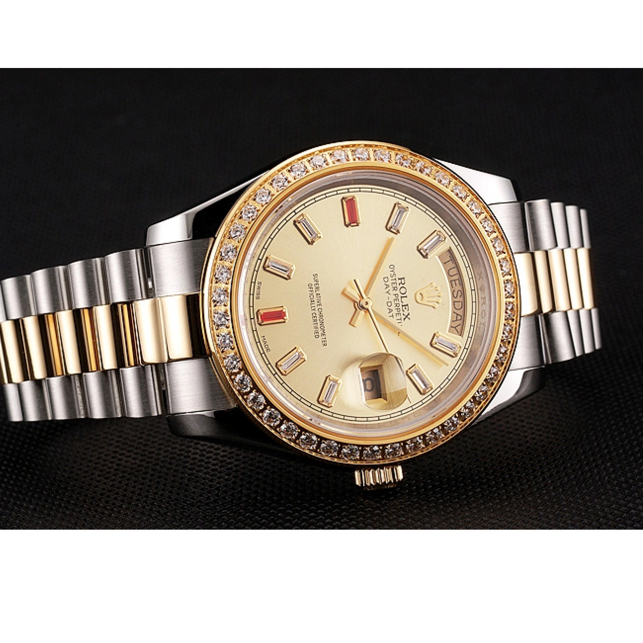 Aaa replica watch Bracelet And Tone Day-Date Rubies 1454104 Two Dial Swiss Champagne Rolex Diamonds 0217