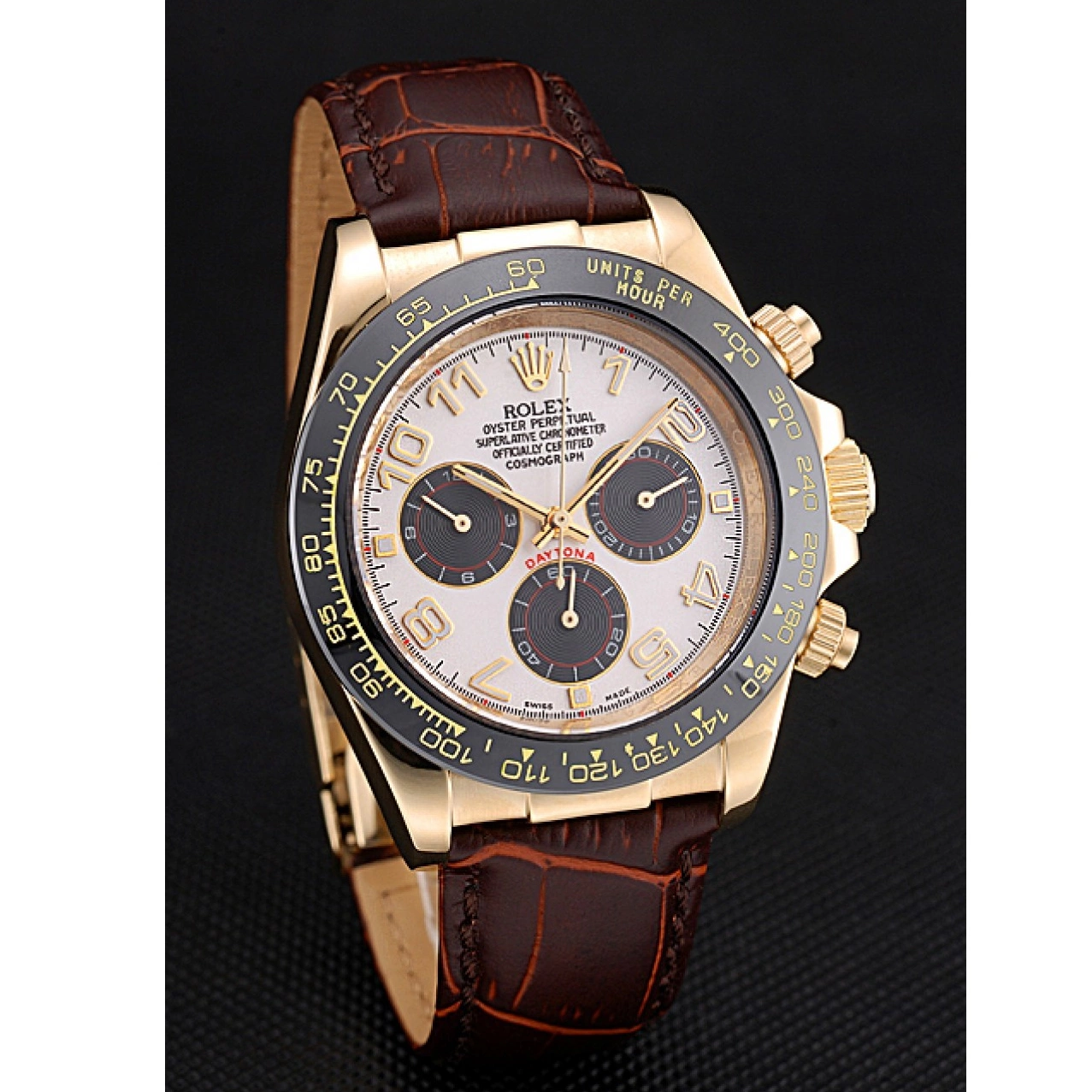 Aaa replica watch Rolex 622634 Subdials Gold Cosmograph Case Bracelet Leather Black Daytona Brown 0216