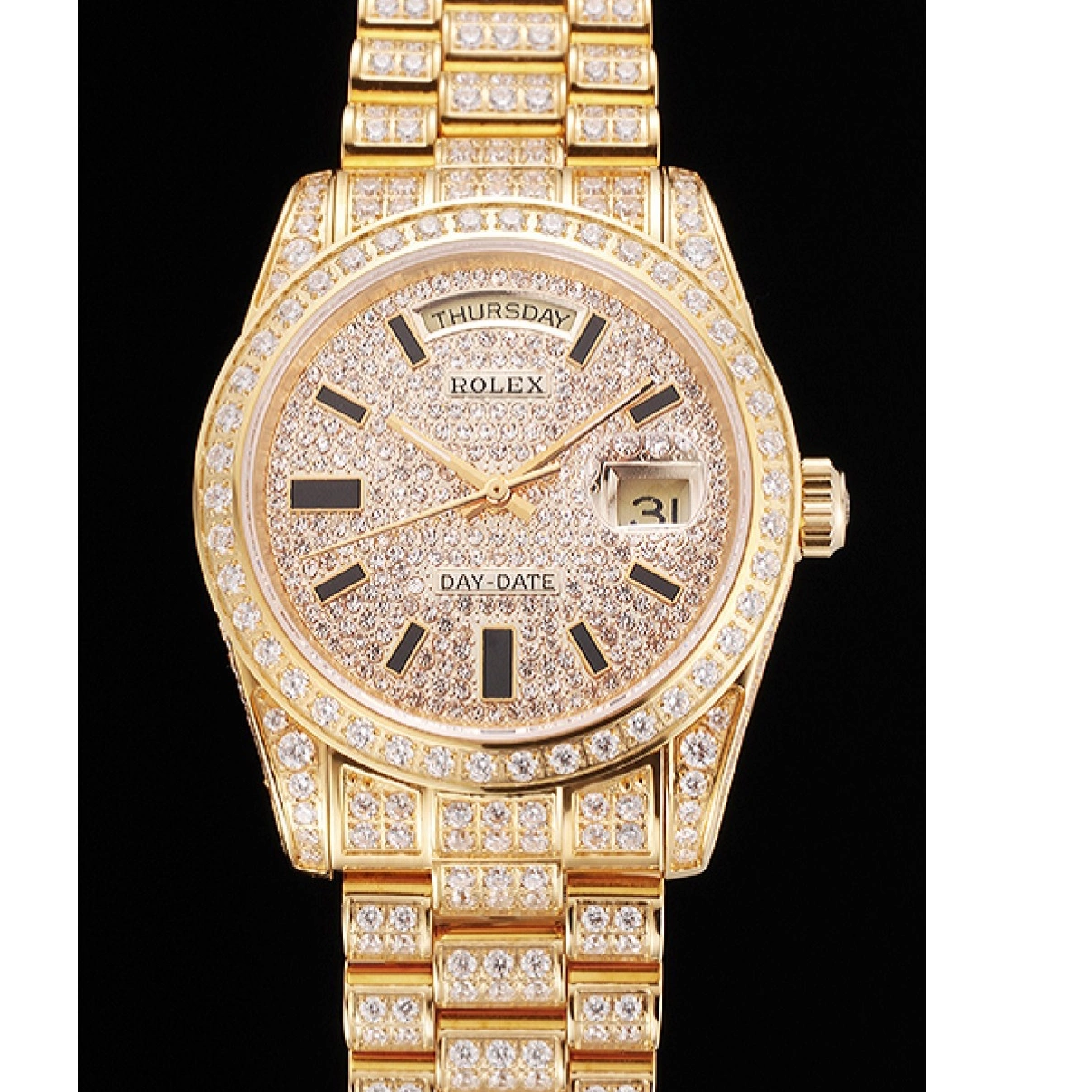 Aaa replica watch Yellow Pave Swiss Day Diamond Rolex Full Date Gold 0225