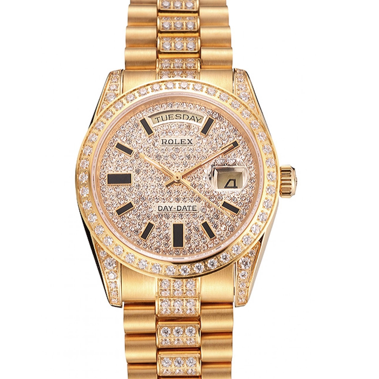 Aaa replica watch Rolex Swiss Day Diamond Yellow Pave Date Gold 0215