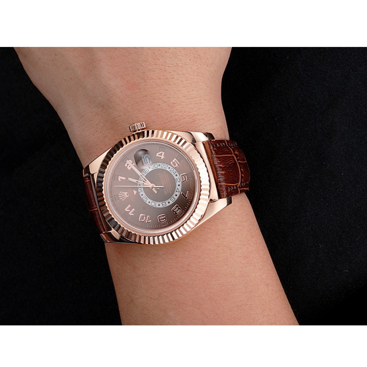 Aaa replica watch Gold Leather Rose Rolex Dial Dweller Case Brown Brown Sky Strap 0219